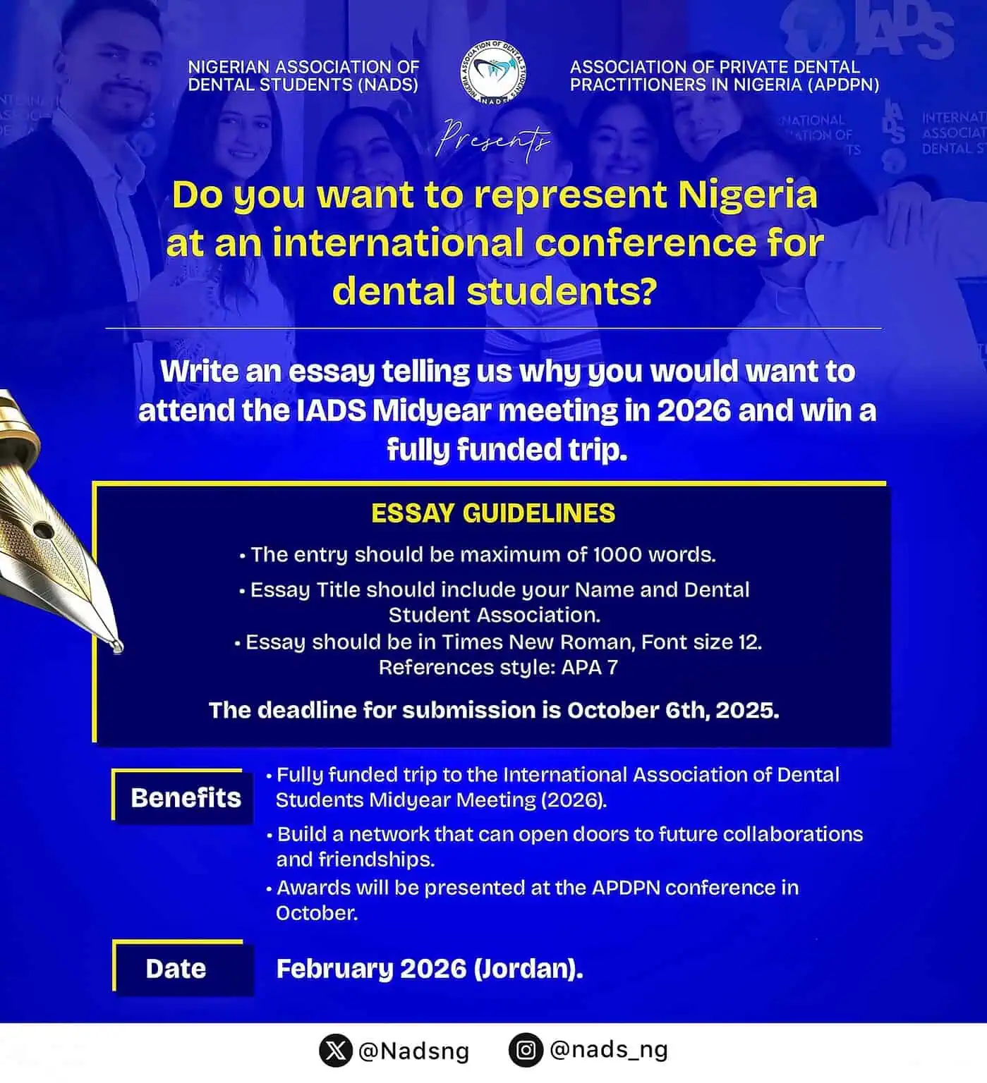 Nigerian Association of Dental Students (NADS) Essay Competition 2025 For Dental Students Announced